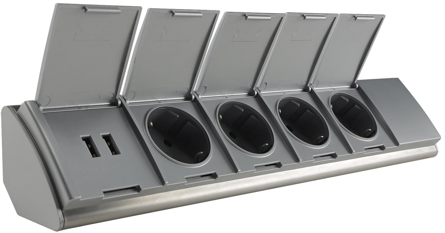 4-fach Steckdosenblock Edelstahl + 2xUSB für Aufbaumontage, 45°, Abdeckklappen