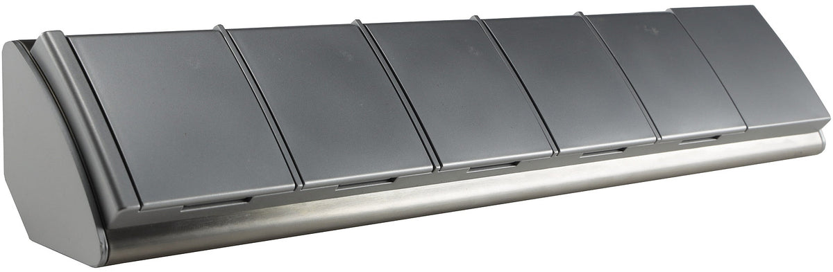 4-fach Steckdosenblock Edelstahl + 2xUSB für Aufbaumontage, 45°, Abdeckklappen