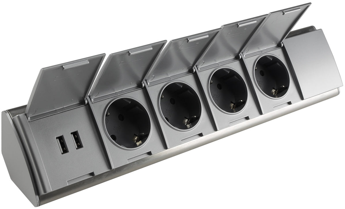 4-fach Steckdosenblock Edelstahl + 2xUSB für Aufbaumontage, 45°, Abdeckklappen