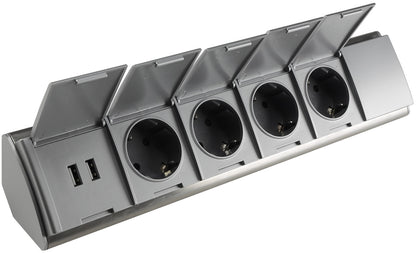 4-fach Steckdosenblock Edelstahl + 2xUSB für Aufbaumontage, 45°, Abdeckklappen