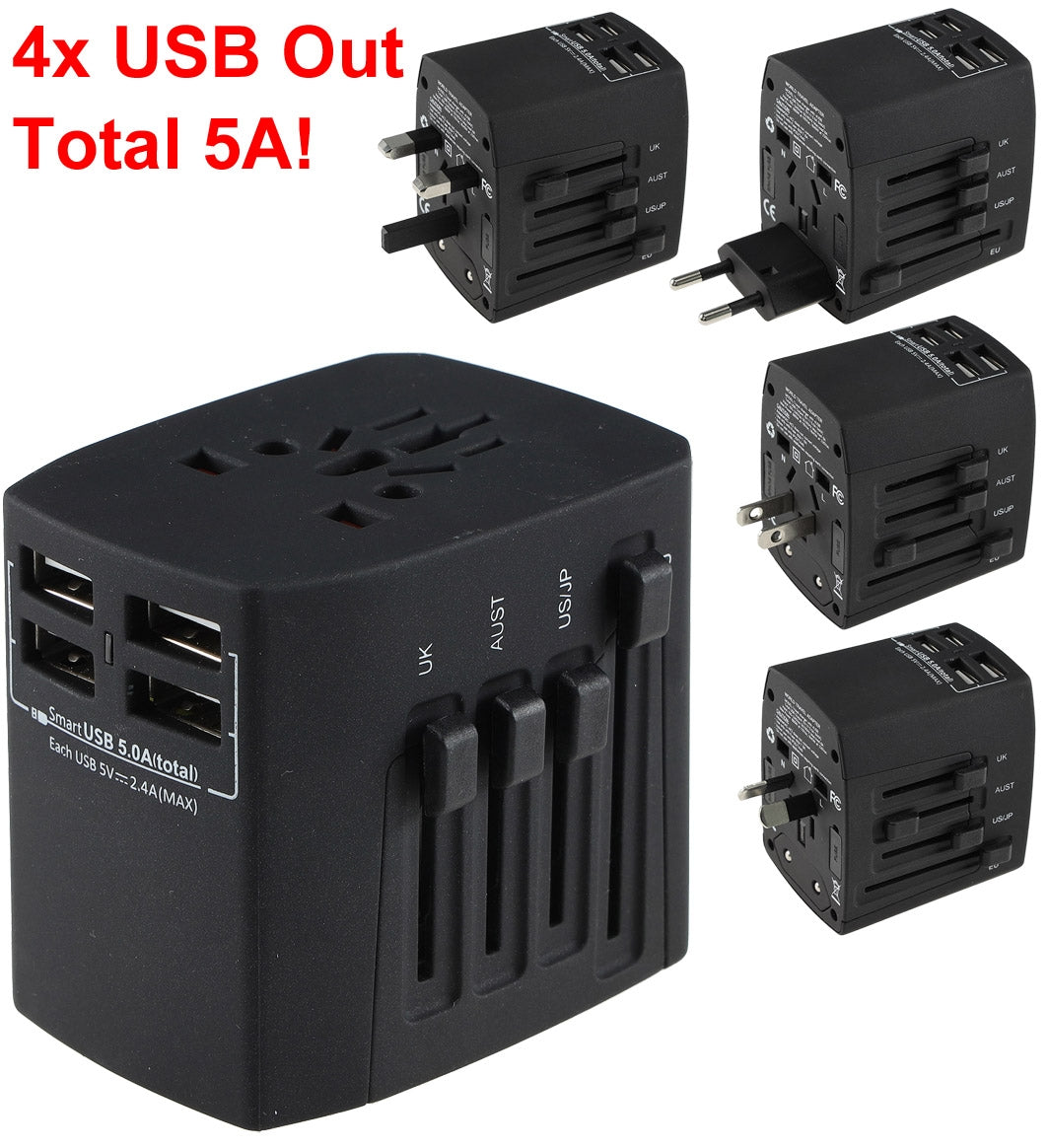 Welt-Reiseadapter mit 4x USB-Ladegerät 5V=, gesamt 5A, Adapter für 150 Länder