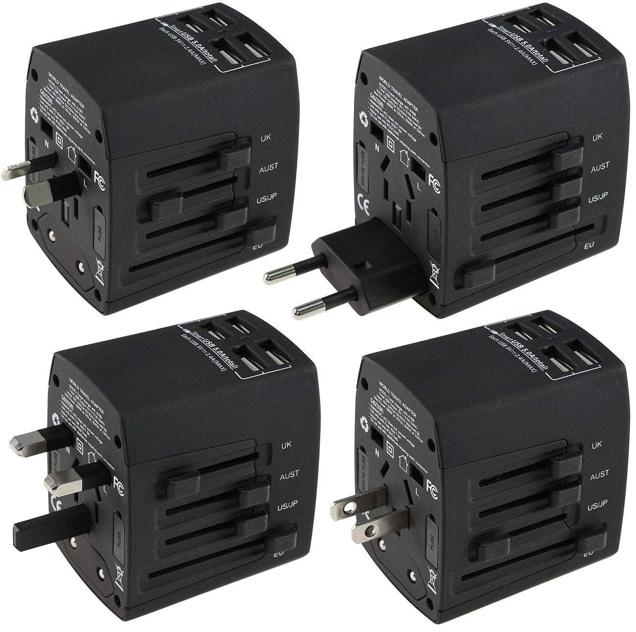 Welt-Reiseadapter mit 4x USB-Ladegerät 5V=, gesamt 5A, Adapter für 150 Länder