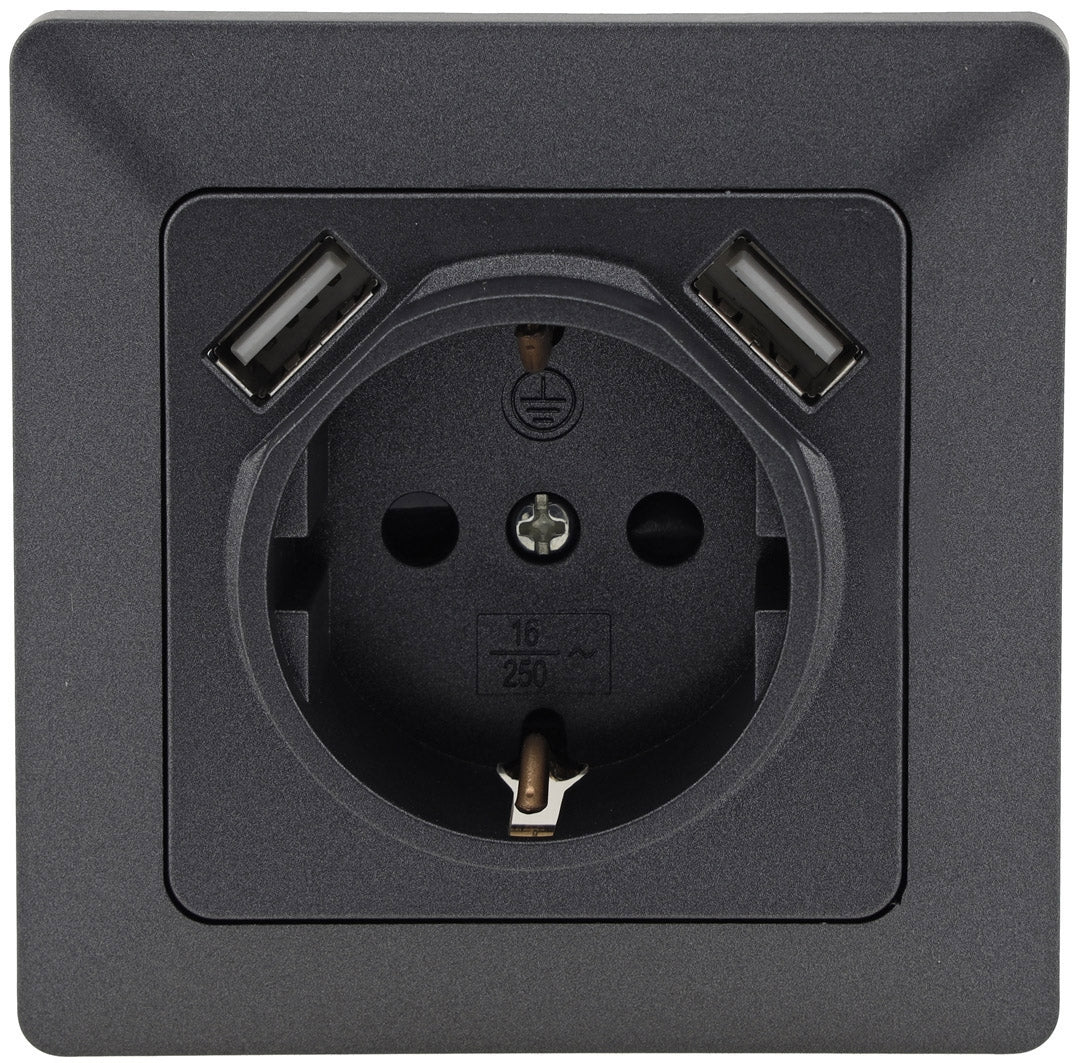 MILOS Schutzkontakt-Steckdose, Anthrazit 250V~/ 16A, UP, 2x USB Buchse je 5V/1A