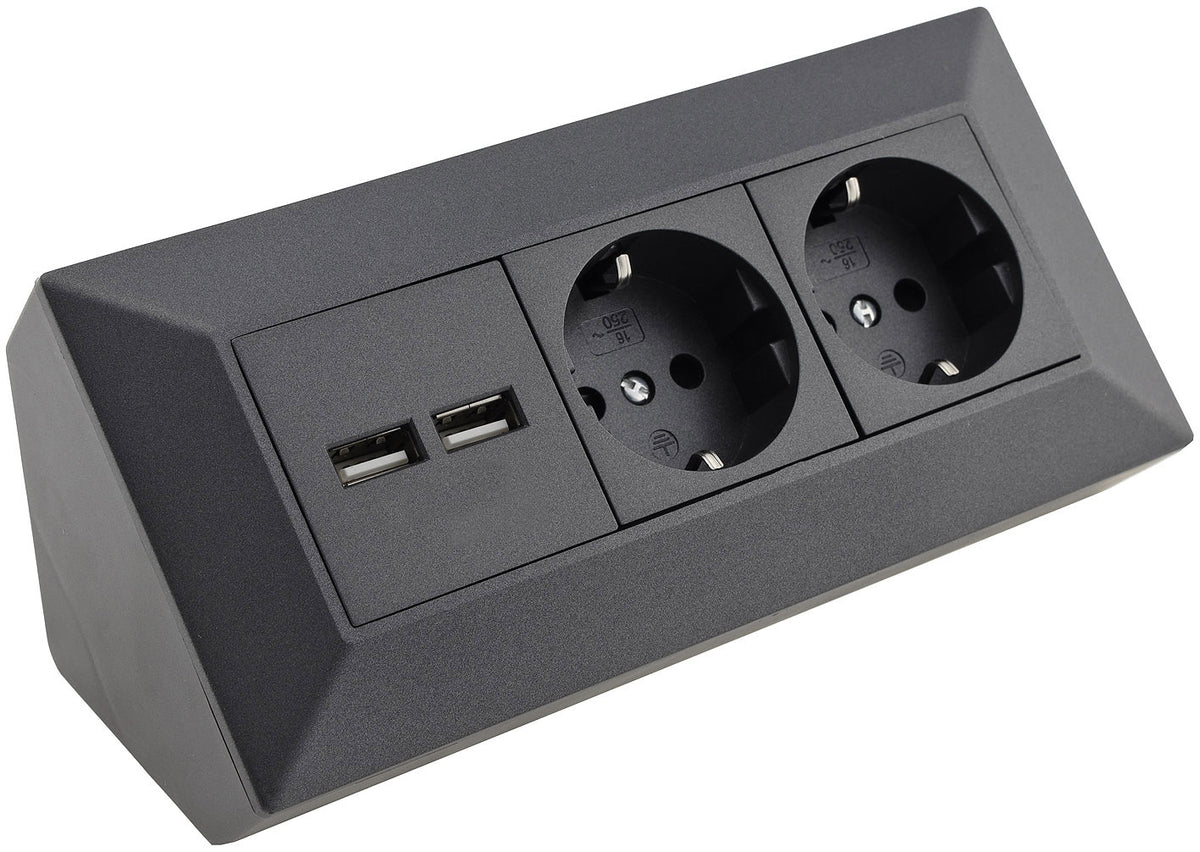 2-fach Steckdosenblock+ 2x USB,anthrazit 250V~/ 16A, Aufbaumontage
