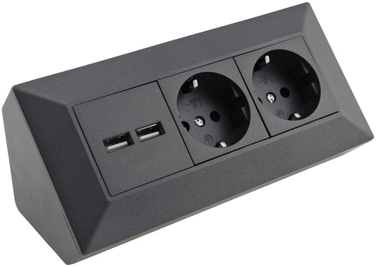 2-fach Steckdosenblock+ 2x USB,anthrazit 250V~/ 16A, Aufbaumontage