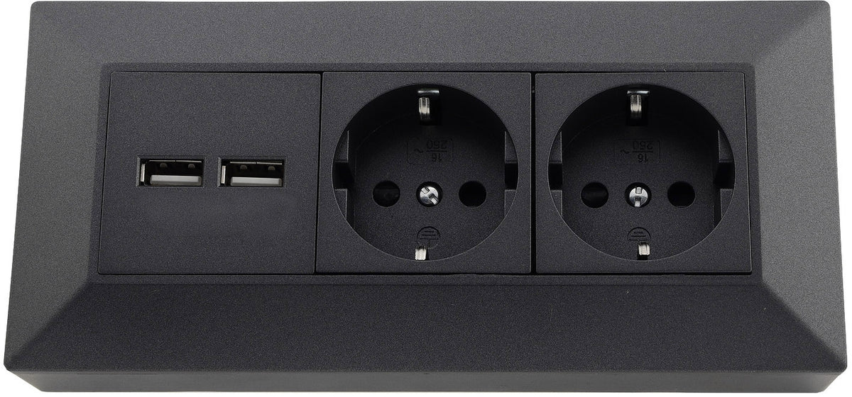 2-fach Steckdosenblock+ 2x USB,anthrazit 250V~/ 16A, Aufbaumontage