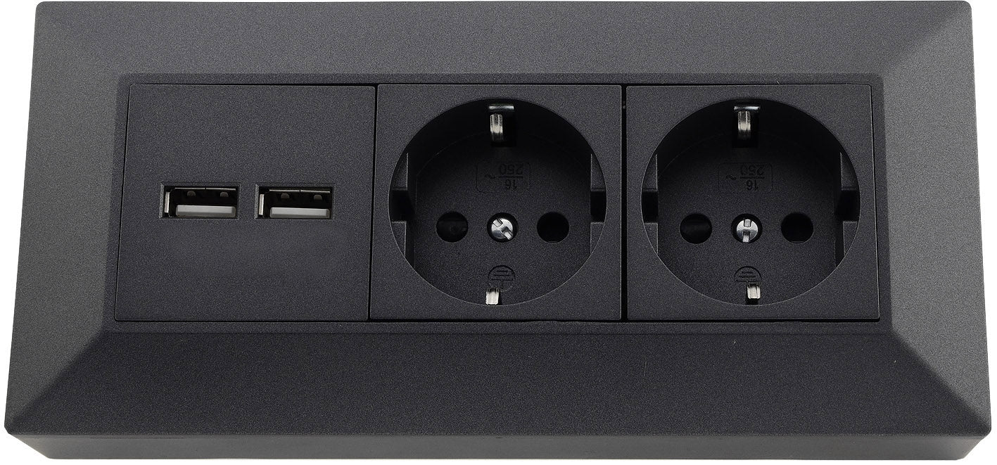 2-fach Steckdosenblock+ 2x USB,anthrazit 250V~/ 16A, Aufbaumontage