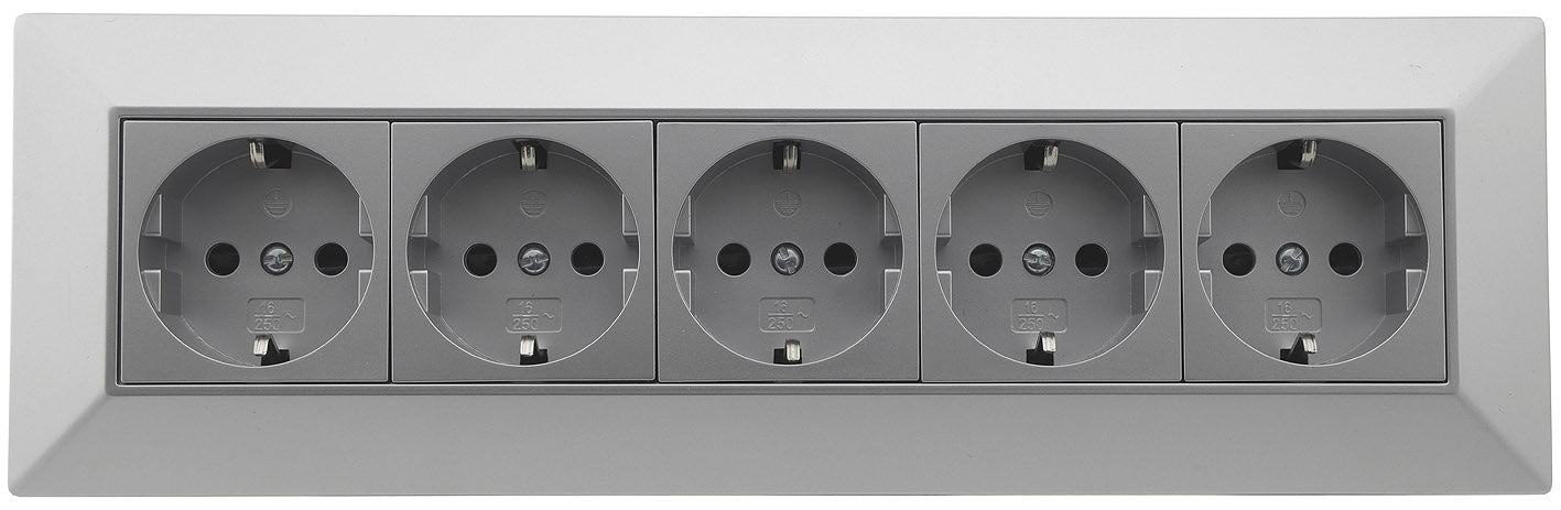 5-fach Steckdosenblock, silber 250V~/ 16A, Aufbaumontage