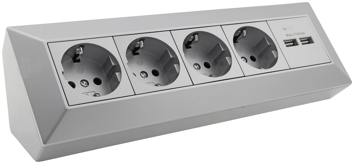 4-fach Steckdosenblock + 2x USB, silber 250V~/ 16A, Aufbaumontage