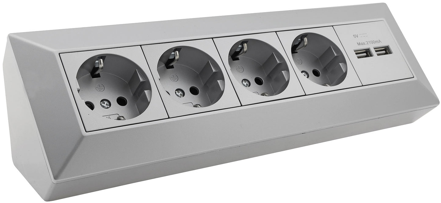 4-fach Steckdosenblock + 2x USB, silber 250V~/ 16A, Aufbaumontage