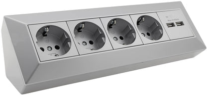 4-fach Steckdosenblock + 2x USB, silber 250V~/ 16A, Aufbaumontage