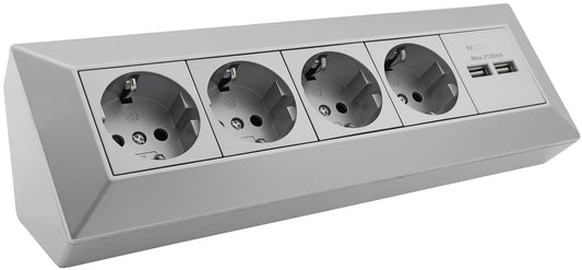 4-fach Steckdosenblock + 2x USB, silber 250V~/ 16A, Aufbaumontage