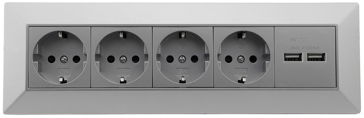 4-fach Steckdosenblock + 2x USB, silber 250V~/ 16A, Aufbaumontage