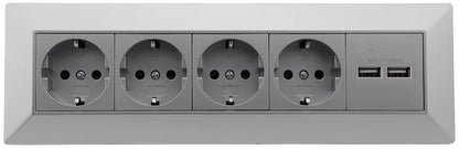 4-fach Steckdosenblock + 2x USB, silber 250V~/ 16A, Aufbaumontage