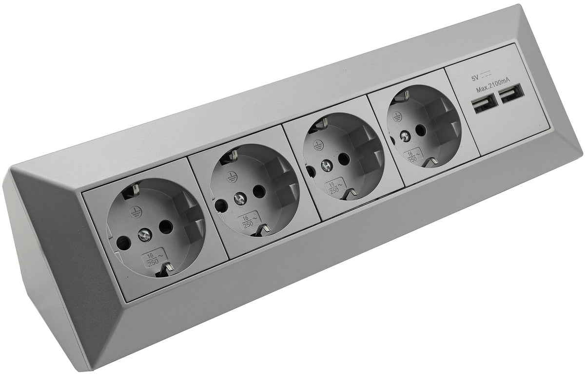 4-fach Steckdosenblock + 2x USB, silber 250V~/ 16A, Aufbaumontage