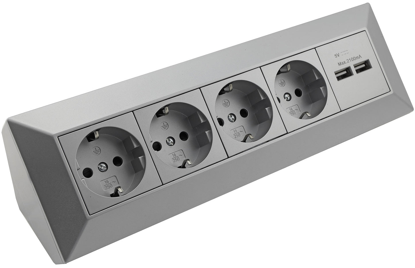 4-fach Steckdosenblock + 2x USB, silber 250V~/ 16A, Aufbaumontage