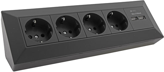 4-fach Steckdosenblock + 2x USB, schwarz 250V~/ 16A, Aufbaumontage