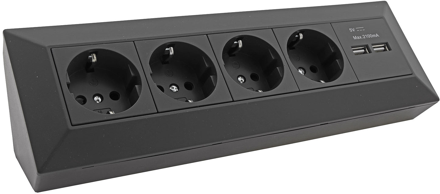 4-fach Steckdosenblock + 2x USB, schwarz 250V~/ 16A, Aufbaumontage