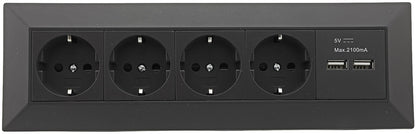 4-fach Steckdosenblock + 2x USB, schwarz 250V~/ 16A, Aufbaumontage