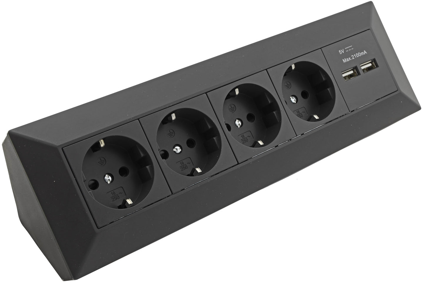 4-fach Steckdosenblock + 2x USB, schwarz 250V~/ 16A, Aufbaumontage