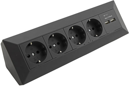 4-fach Steckdosenblock + 2x USB, schwarz 250V~/ 16A, Aufbaumontage