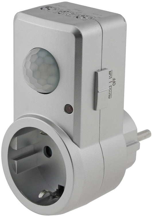Zwischenstecker mit Bewegungsmelder 120°, 9m Reichweite , 230V/1200W, silber