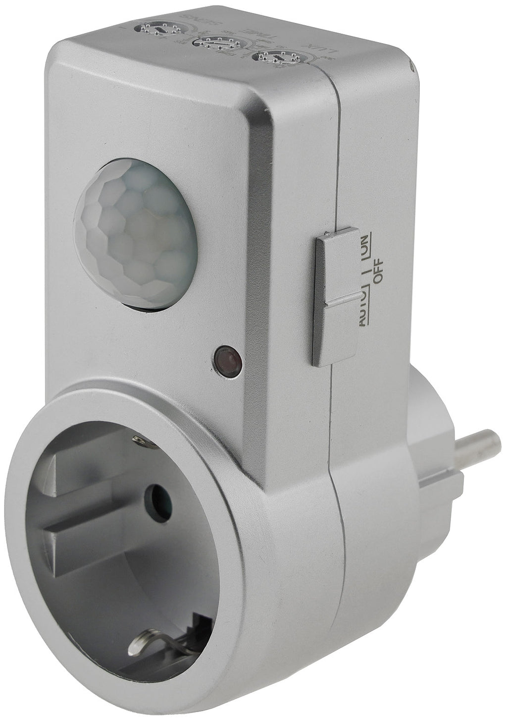 Zwischenstecker mit Bewegungsmelder 120°, 9m Reichweite , 230V/1200W, silber