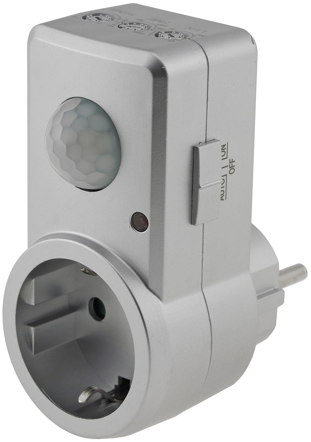 Zwischenstecker mit Bewegungsmelder 120°, 9m Reichweite , 230V/1200W, silber