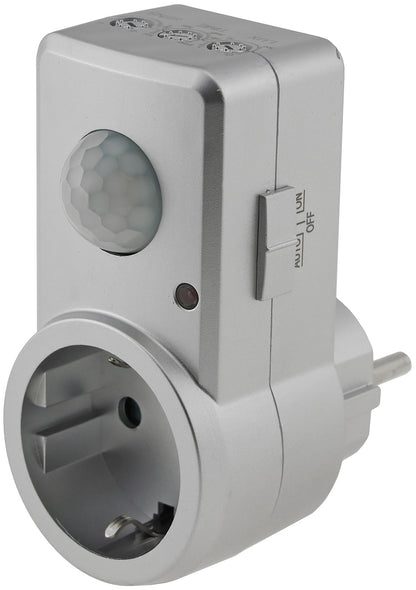 Zwischenstecker mit Bewegungsmelder 120°, 9m Reichweite , 230V/1200W, silber