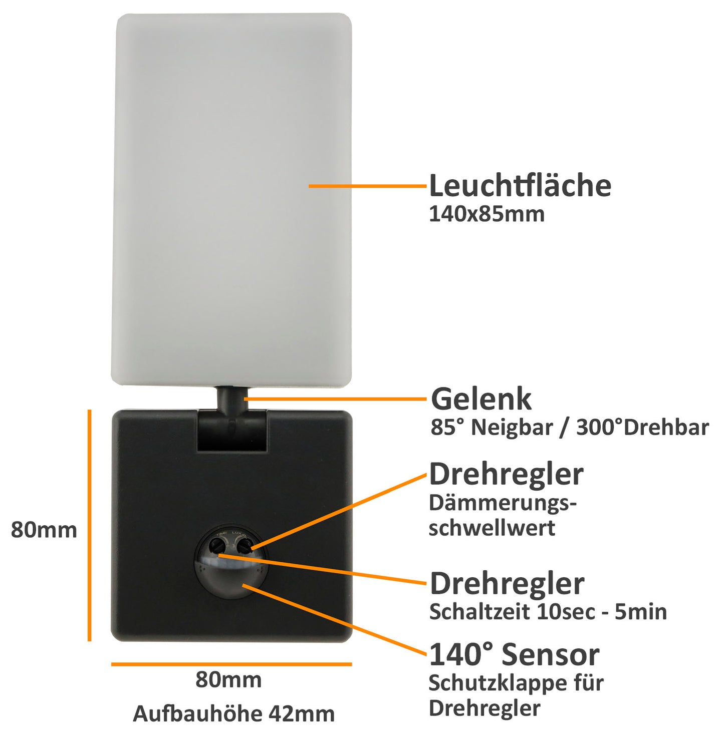 LED Wandleuchte ANTHRAZIT 4000K 15W, 1100lm, PIR-Bewegungsmelder, IP44