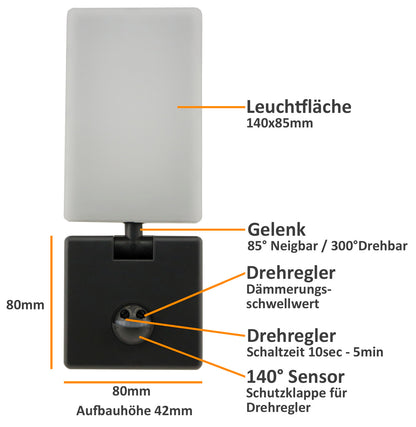 LED Wandleuchte ANTHRAZIT 4000K 15W, 1100lm, PIR-Bewegungsmelder, IP44