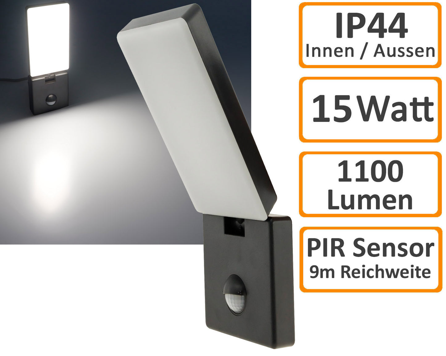 LED Wandleuchte ANTHRAZIT 4000K 15W, 1100lm, PIR-Bewegungsmelder, IP44
