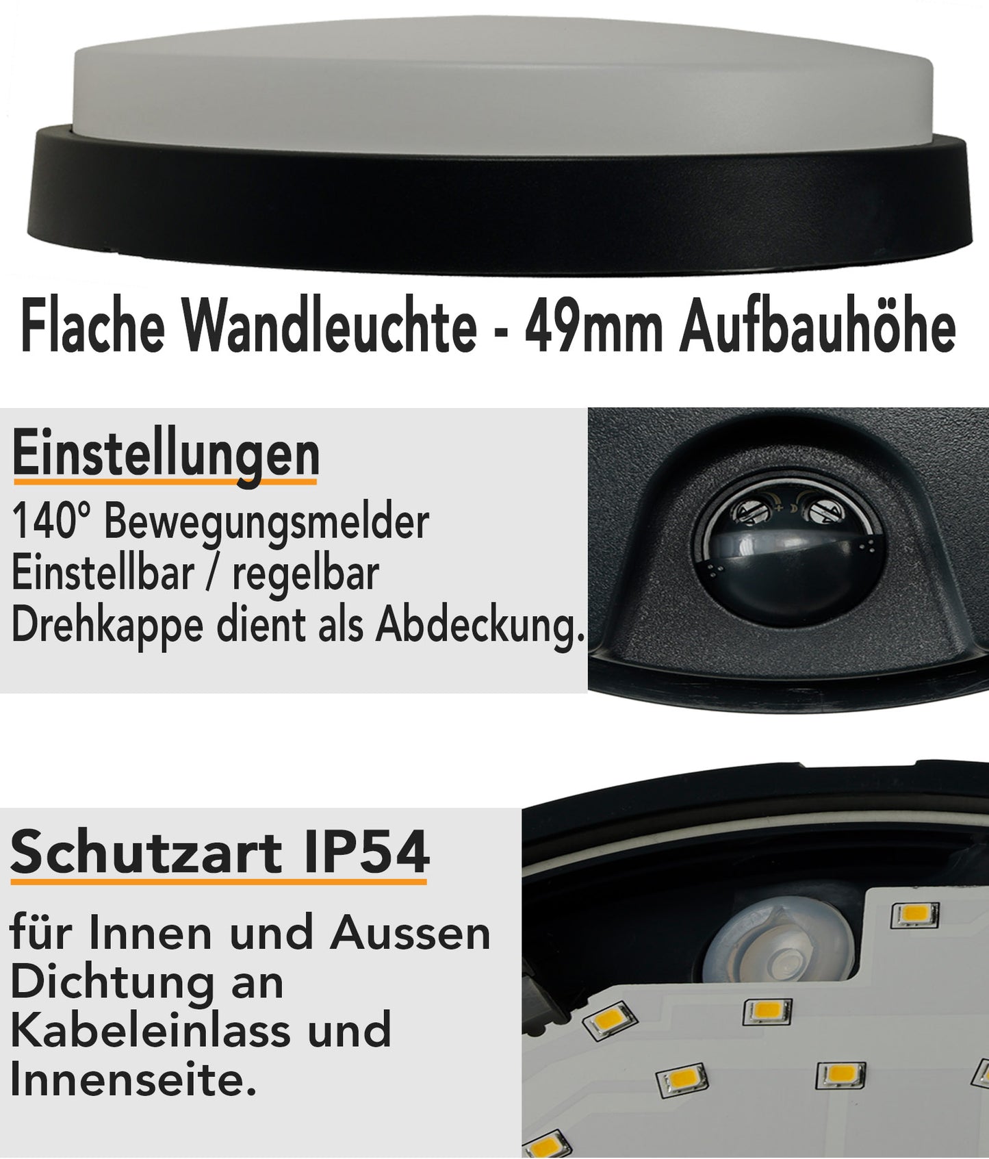 LED Wandleuchte ANTHRAZIT IP54, Rund 15W, 1150lm, Bewegungsmelder, 4000k