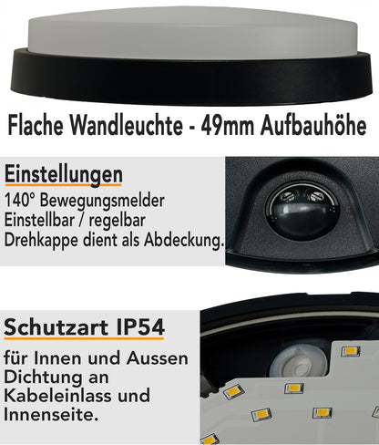 LED Wandleuchte ANTHRAZIT IP54, Rund 15W, 1150lm, Bewegungsmelder, 4000k
