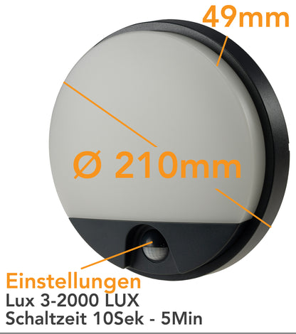 LED Wandleuchte ANTHRAZIT IP54, Rund 15W, 1150lm, Bewegungsmelder, 4000k
