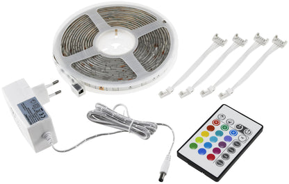 RGB LED-Stripe Set 5m + Mini Controller Farbwechsel, FB, IP20, mit Netzteil
