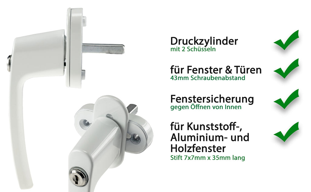 Abschließbarer Fenstergriff, weiß 2 Schrauben, 2 Schlüssel