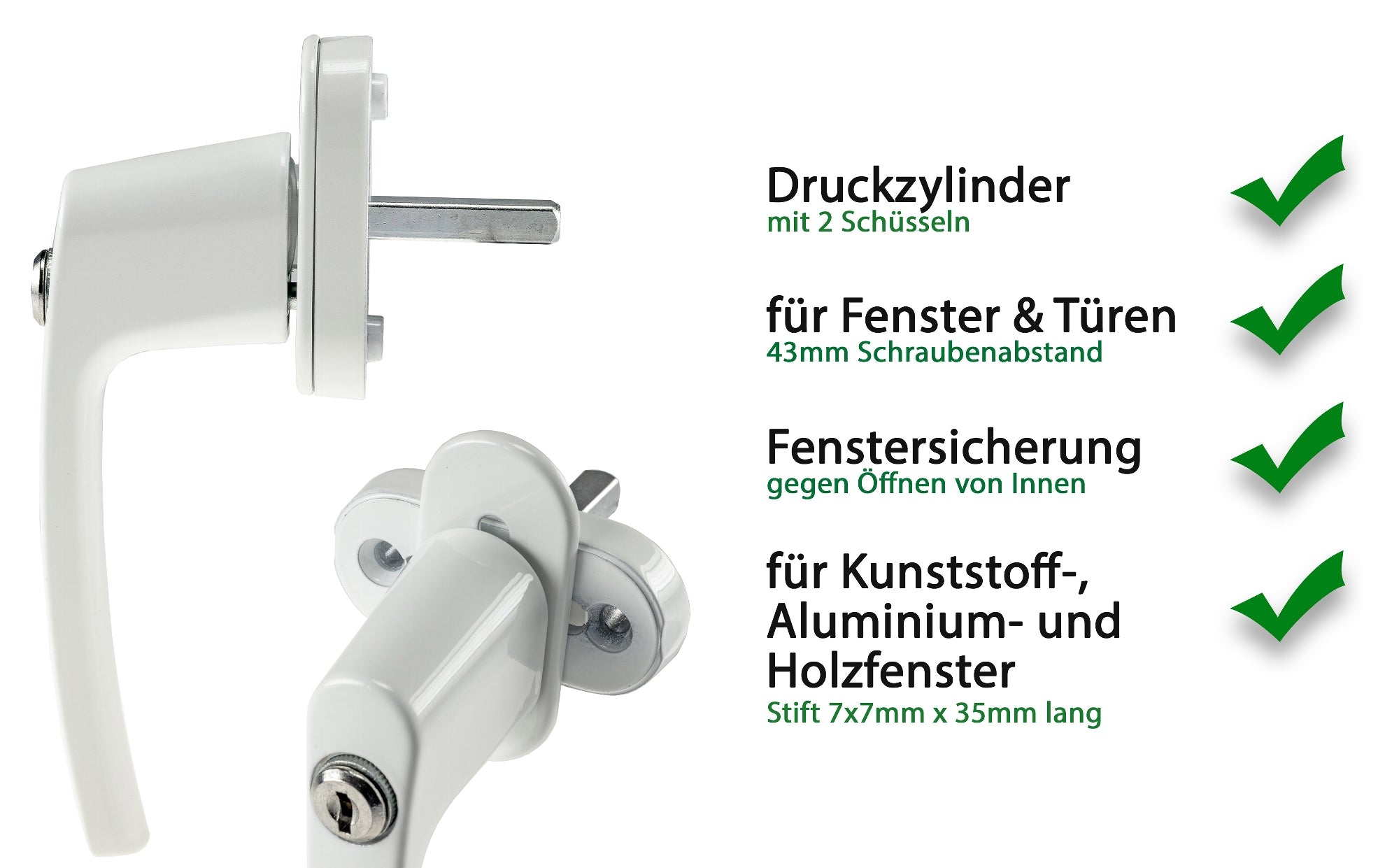 Abschließbarer Fenstergriff, weiß 2 Schrauben, 2 Schlüssel