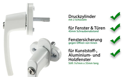 Abschließbarer Fenstergriff, weiß 2 Schrauben, 2 Schlüssel