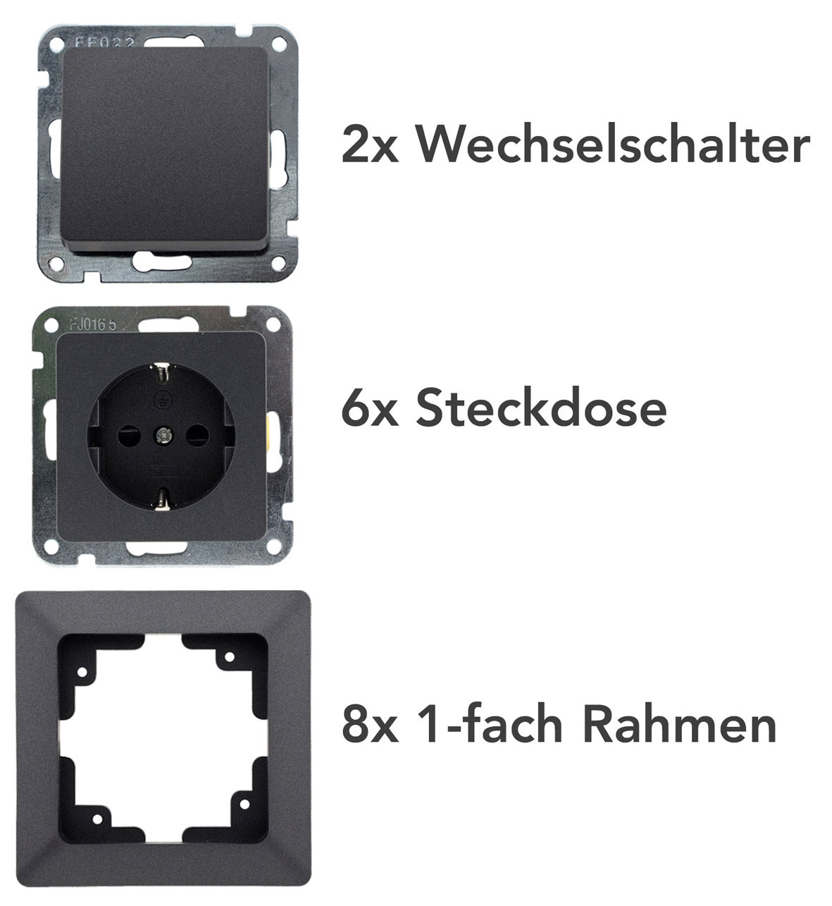MILOS Starter-Kit, 8-teilig, Anthrazit 6x Steckdose, 2x Schalter, Klemmanschl.
