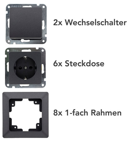 MILOS Starter-Kit, 8-teilig, Anthrazit 6x Steckdose, 2x Schalter, Klemmanschl.