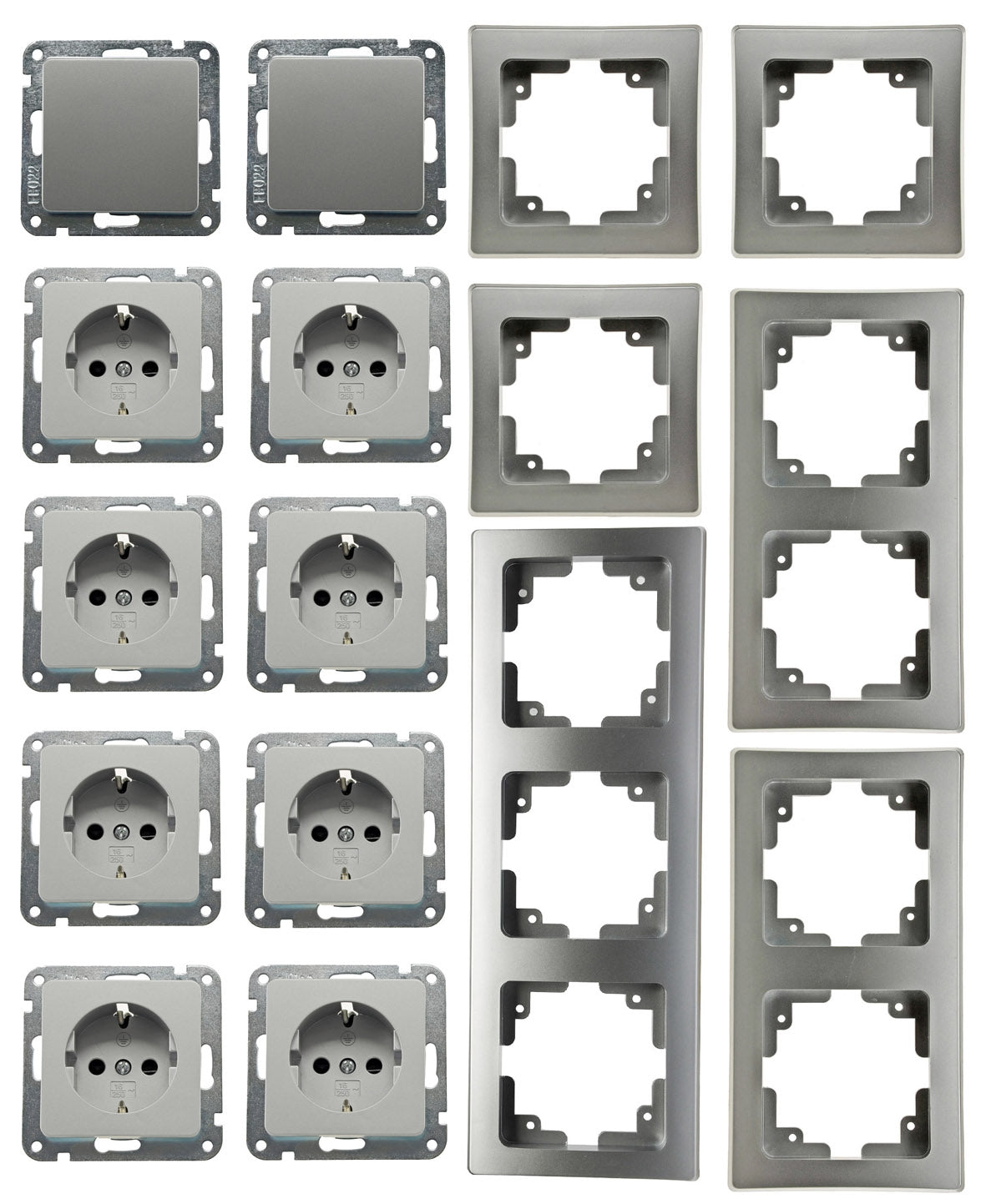 DELPHI Starter-Kit, 16-tlg "PRO", Silber 8x Steckdose, 2x Schalter, Klemmanschluß