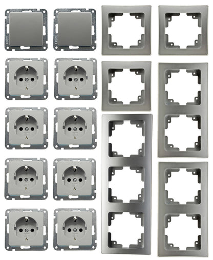 DELPHI Starter-Kit, 16-tlg "PRO", Silber 8x Steckdose, 2x Schalter, Klemmanschluß