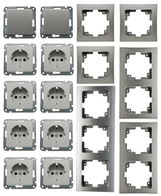 DELPHI Starter-Kit, 16-tlg "PRO", Silber 8x Steckdose, 2x Schalter, Klemmanschluß