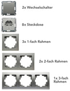 DELPHI Starter-Kit, 16-tlg "PRO", Silber 8x Steckdose, 2x Schalter, Klemmanschluß