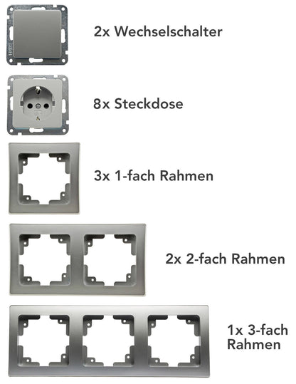 DELPHI Starter-Kit, 16-tlg "PRO", Silber 8x Steckdose, 2x Schalter, Klemmanschluß