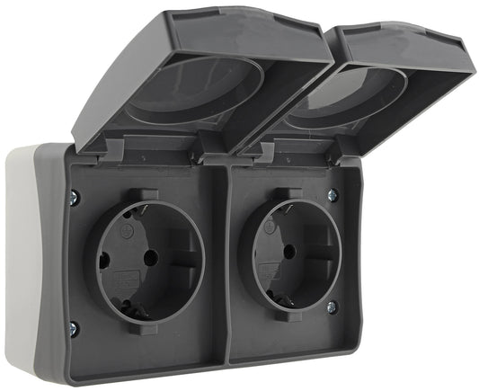 NUQUI Feuchtraum Doppel-Steckdose horiz. IP54, Aufputz, 250V~/ 16A
