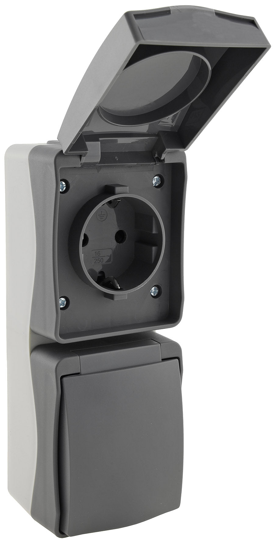 NUQUI Feuchtraum Doppel-Steckdose verti. IP54, Aufputz, 250V~/ 16A