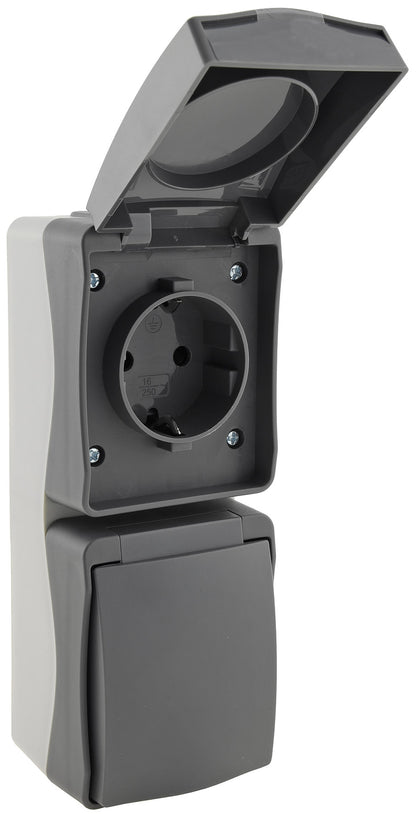 NUQUI Feuchtraum Doppel-Steckdose verti. IP54, Aufputz, 250V~/ 16A