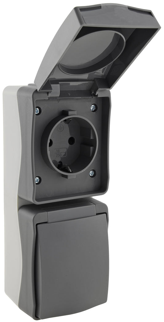 NUQUI Feuchtraum Doppel-Steckdose verti. IP54, Aufputz, 250V~/ 16A